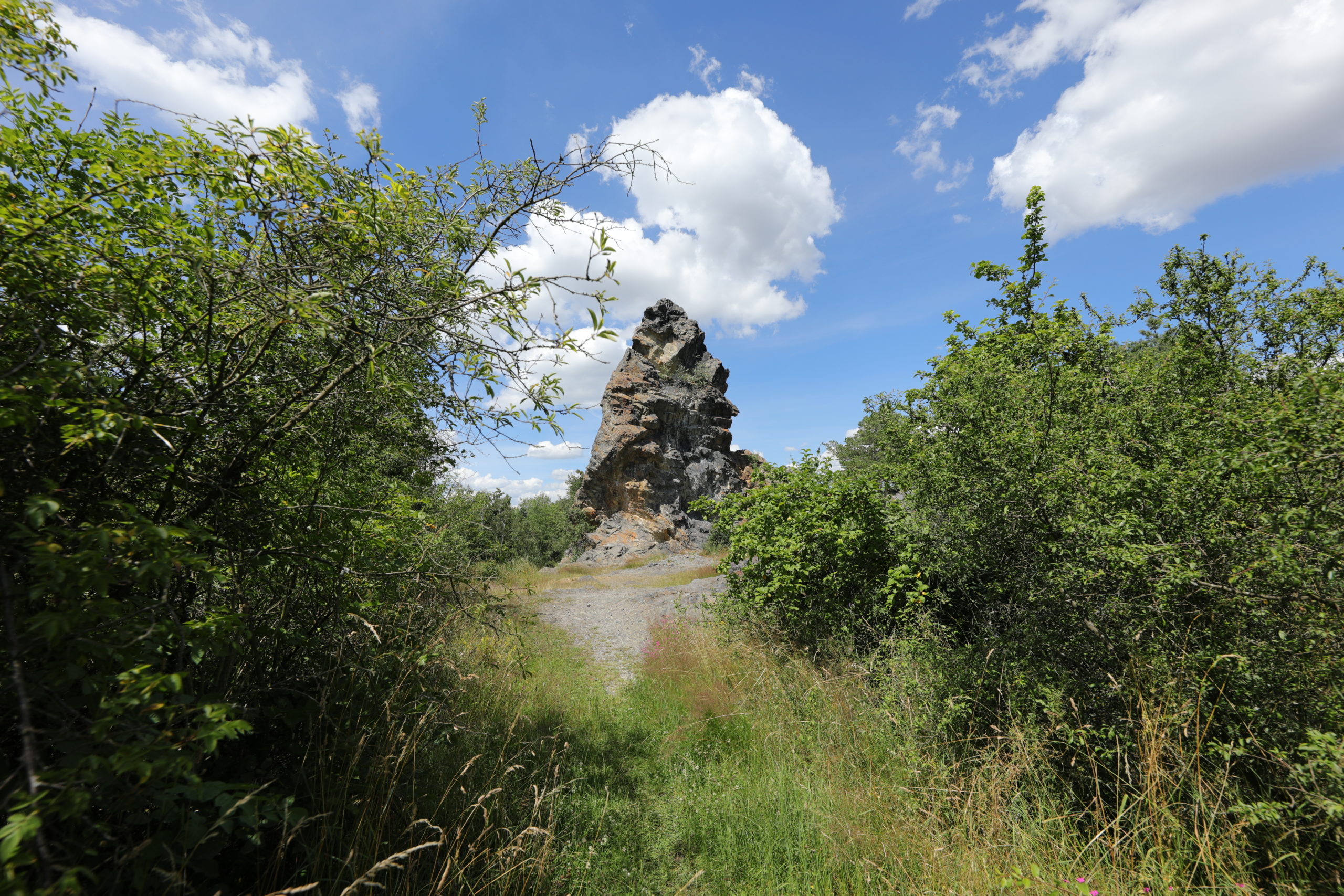 <h1>Pohled na skalní útvar Ostrá hůrka.  </h1><br />Ústředním motivem snímku je pohled na buližníkový výchoz Ostré hůrky. Pohled je situovaný z cesty mezi křovinami.